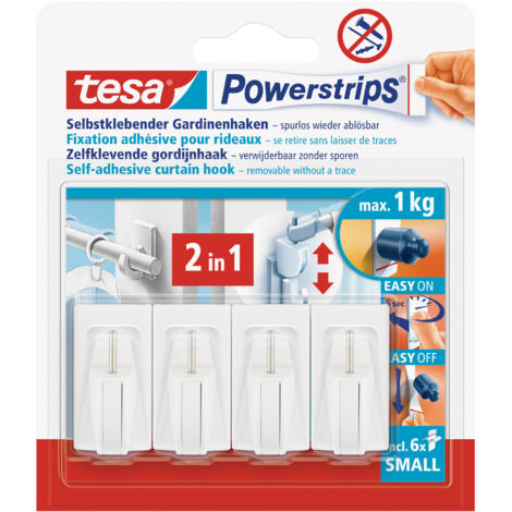 Tesa – Crochet pour rideaux blanc – Lot de 4 crochets 1 kg – Installation sans perçage sur surfaces lisses – Résistant aux UV - Y445701