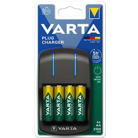 Varta – Chargeur de piles 4xAA 2100mAh – Indicateur LED bleu – Charge 2 à 4 piles Mignon AA ou Micro AAA – Arrêt automatique après 15h