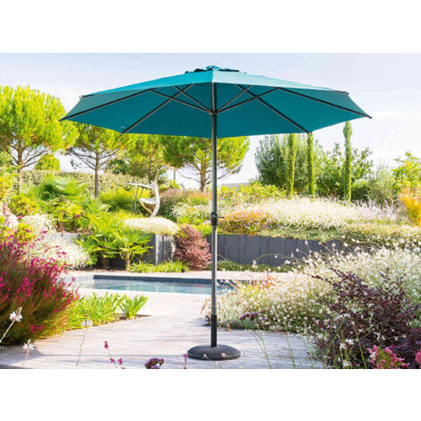 Hesperide – Parasol droit rond 3 m bleu canard – Structure aluminium époxy – Hauteur 2,5 m – Ouverture manivelle – Toile déperlante