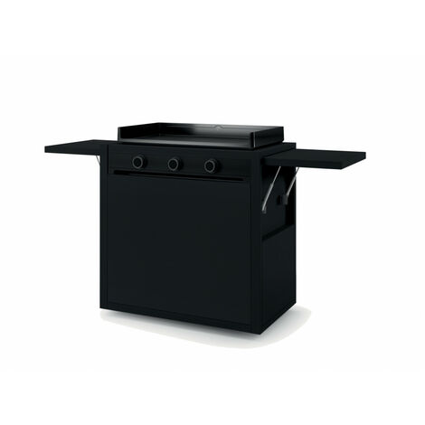 Forge Adour – Chariot à plancha 75 cm – Acier noir avec revêtement 3 couches – 4 roues pivotantes dont 2 avec freins – 2 tablettes rabattables avec vérins