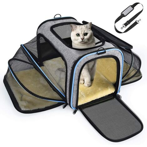 Expandable dog cat transport bag, solid structure, easy storage, breathable net, spacious, foldable, train travel / car / restaurant / airline approved blue