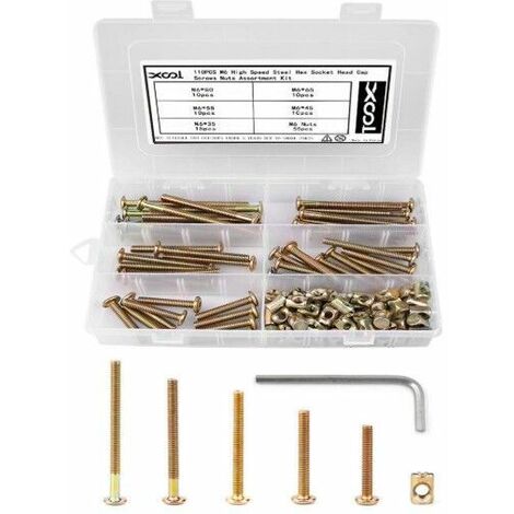 Bolts Nuts Kit, M6 Hex Socket Head Cap Screws Nuts 110PCS for Crib Bunk Bed Furniture Cot, Barrel Bolt Nuts Hardware Replacement Kit Made of Plated Zinc High Speed Steel, 1 Hex Key for Free