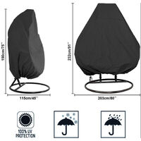 Patio Hanging Hanging Egg Chair Cover Swing Egg Chair Cover Egg Chair Cover Outdoor Rattan Wicker Swing Chair Waterproof Anti-dust Garden Furniture Cover with Zipper, 190x115cm（ Black）