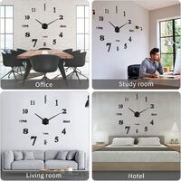 Wall-mounted wall clock Modern fashion wall mounted wall clock 3D frame mirror sticker office hotel decoration of the house DIY wall clock (black)