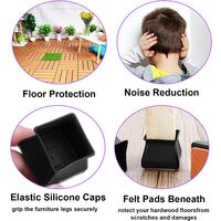 32 PCS Square Silicone Chair Leg Floor Protectors with Felt Pads Anti-Slip Furniture Leg Caps Prevents Scratches and Noise, Fit Chair Legs 30-45mm (Black)