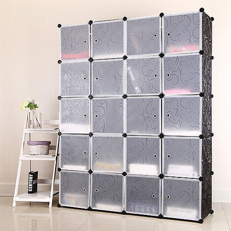 Armoire Penderie Placard 20 Cubes Modulaire Étagères Plastique Meuble de  Rangement de Vêtements&Chaussures Avec Portes Noir