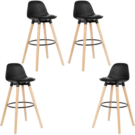 4 x Tabouret en Bois Massif avec Siège Rembourré d'Éponge et Recouvert de PU,  Couleur Bois et Noir