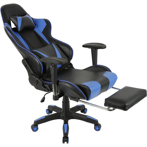 Chaise Gaming Ergonomique, Repose-Pieds Rétractable et Dossier Réglable,  Charge 150kg Bleu