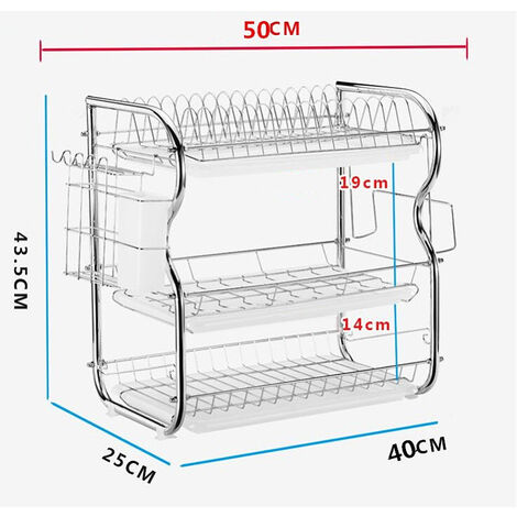 Égouttoir à vaisselle 3 étages Porte-couverts Bac de récupération crochets  pour tasses et assiettes en