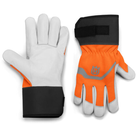 Husqvarna Classic - Guanti Protettivi in Pelle Grigio e Arancione Unisex Certificati EN 388