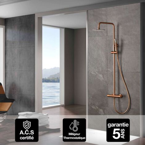 Imex – Colonne de douche thermostatique extensible – Finition or rose brossé – Pommeau Ø20 anticalcaire – Corps en laiton – Flexo PVC inclus