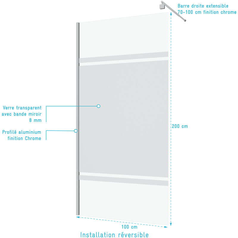 Parete Doccia 100x200cm - Fascia Specchio - Barra di Supporto Estensibile e  Profilo Cromato