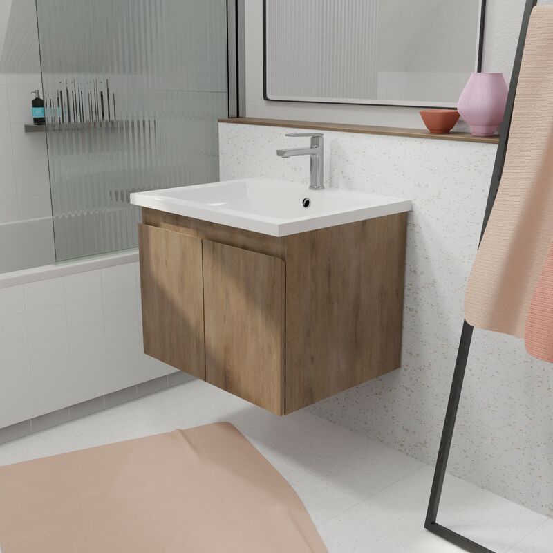 Mobile da bagno a sospendere 60cm Finitura Legno Chiaro - 2 porte - Lavabo  Bianco - ELEMENTARY