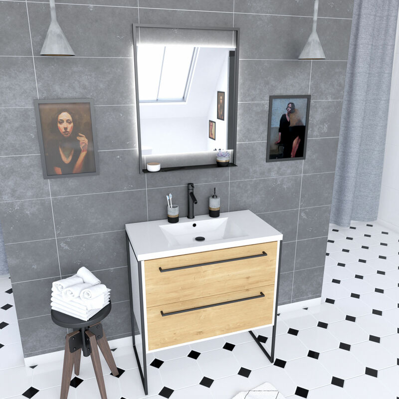 Mobile de bagno 80x50 cm Bianco - 2 casseti rovere naturale - Lavabo bianco-  Specchio led