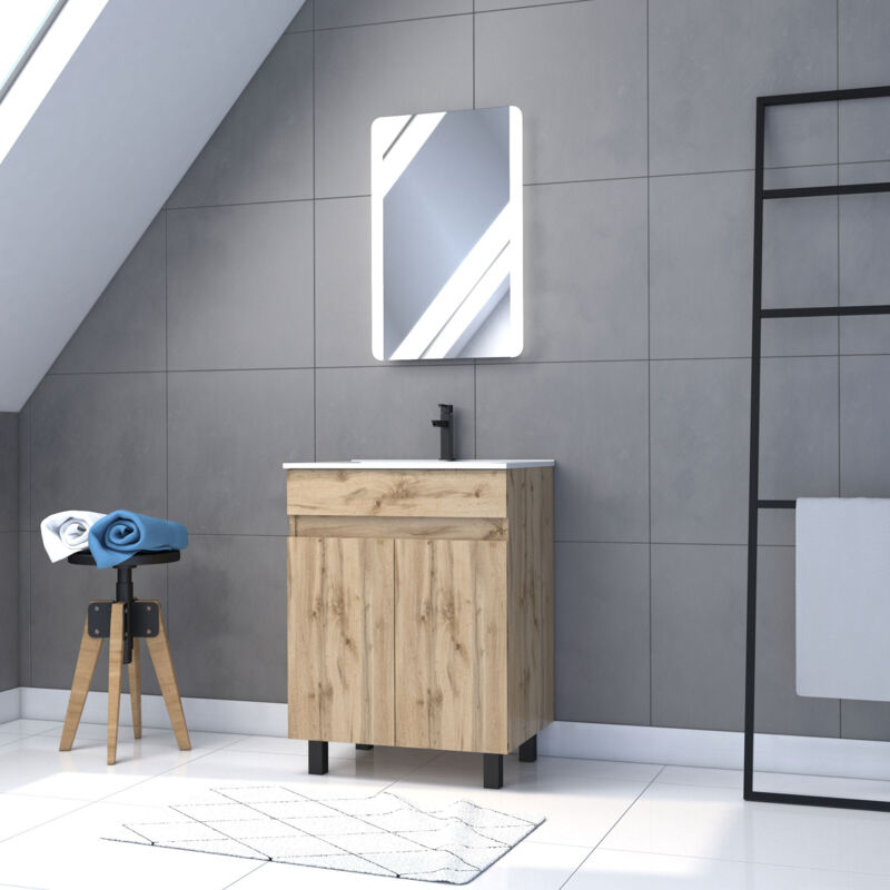 AURLANE - mobili da bagno 60x80 - finitura di Quercia Naturale - bacino Bianco + Specchio a Led - Legname 60
