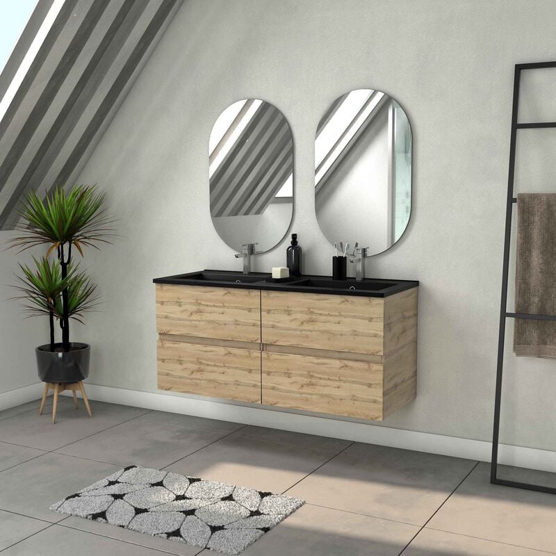 Mobile da bagno 120cm con 4 cassetti aspetto Rovere Industriale + lavabo  nero e specchi ovali