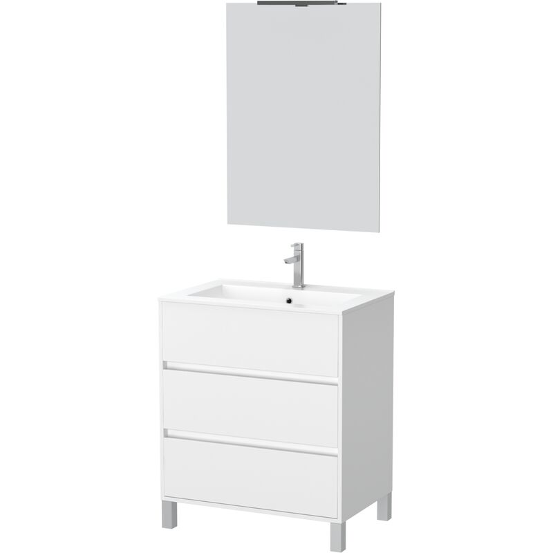 Set Mobile Bagno 60 cm Laccato Bianco 3 Cassetti, Lavabo, Specchio 60x80 e  Applique Led - XENOS