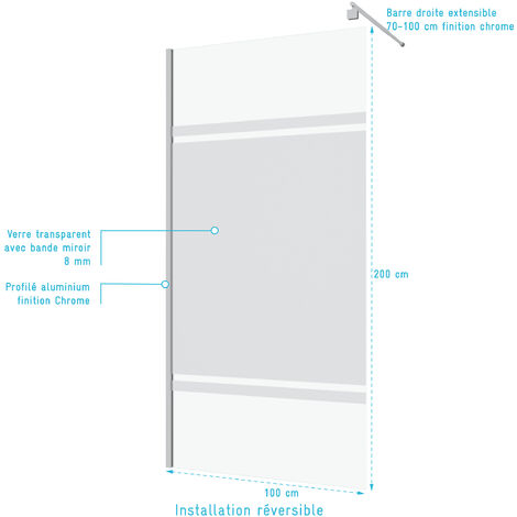 Parete per doccia 100x200cm con fascia a specchio - Vetro 8mm - Profilo  cromato - FREEDOM 2 MIRROR