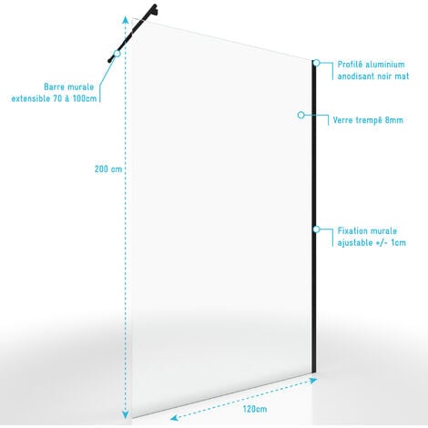 Set Parete Doccia Trasparente 120x200cm - Barra di Supporto Estensibile e Profilo Nero