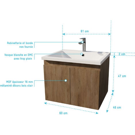 Mobile da bagno a sospendere 60cm Finitura Legno Chiaro - 2 porte - Lavabo  Bianco - ELEMENTARY