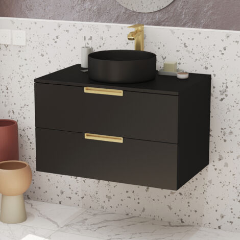 Mobile da bagno 80 cm Laccato Nero Opaca e Oro Dorato - 2 Cassetti - Lavabo Rotondo Nero