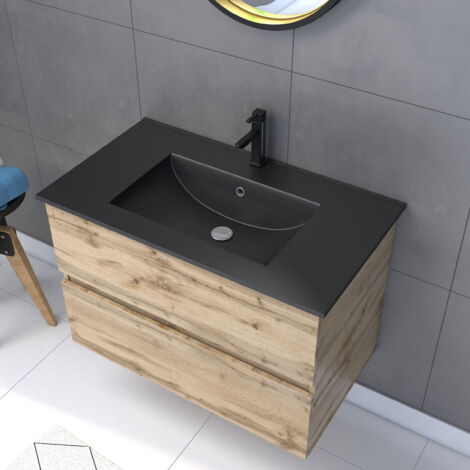 AURLANE Timber Mobiletto Bagno 60x80 Cm - Finitura Rovere Naturale, Lavabo Nero, Specchio LED, Set 2 Pezzi