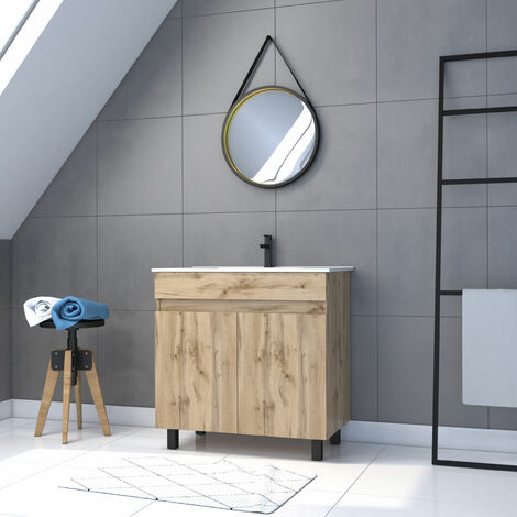 Mobile da bagno 80cm da Appoggiare 2 Ante Rovere Lavabo Bianco+ Specchio Barbiere-TIMBER 80-Pack28