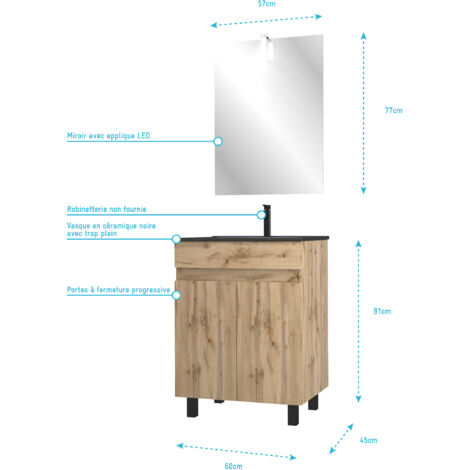 AURLANE Mobile Bagno 60 Cm Con 2 Ante, Lavabo Nero E Specchio – Finitura Rovere Naturale – Kit Timber 60_Pack01