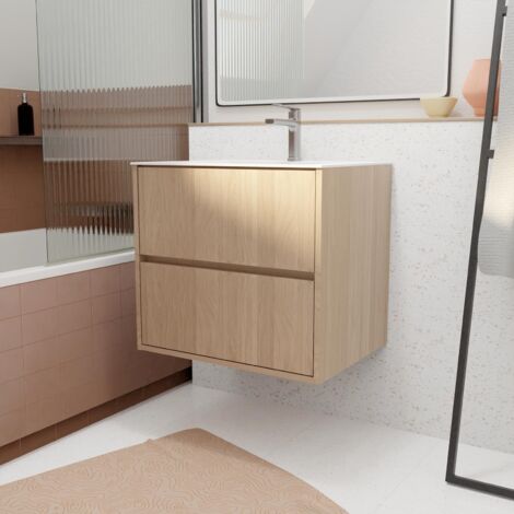Set Mobile Bagno 60 cm Rovere Chiaro 2 cassetti con Lavabo in Ceramica - XENOS