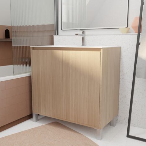 Set Mobile Bagno 80 cm Rovere Chiaro 2 Ante con Lavabo in Ceramica - XENOS