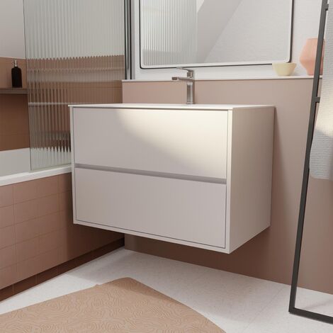 Set Mobile Bagno 80 cm Laccato Bianco 2 cassetti con Lavabo in Ceramica - XENOS