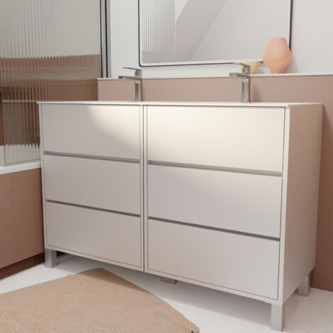 Set Mobile Bagno 120 cm Laccato Bianco 6 Cassetti con Lavabo in Ceramica - XENOS