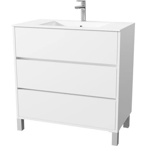 Set Mobile Bagno 80 cm Laccato Bianco 3 Cassetti con Lavabo in Ceramica - XENOS