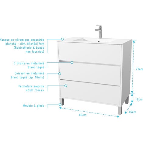 Set Mobile Bagno 80 cm Laccato Bianco 3 Cassetti con Lavabo in Ceramica - XENOS