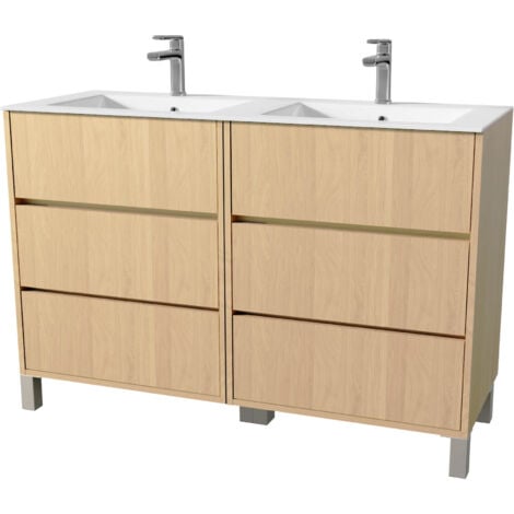 Set Mobile Bagno 120 cm Rovere Chiaro 6 Cassetti con Lavabo in Ceramica -  XENOS