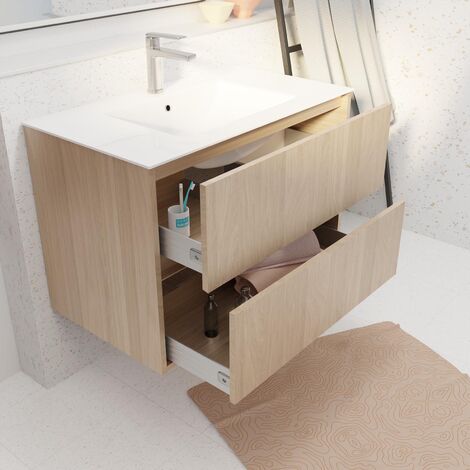 Set Mobile Bagno 80 cm Rovere Chiaro 2 cassetti con Lavabo in Ceramica - XENOS