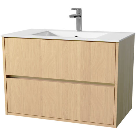 Set Mobile Bagno 80 cm Rovere Chiaro 2 cassetti con Lavabo in Ceramica - XENOS