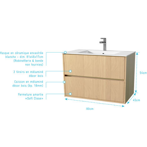 Set Mobile Bagno 80 cm Rovere Chiaro 2 cassetti con Lavabo in Ceramica - XENOS
