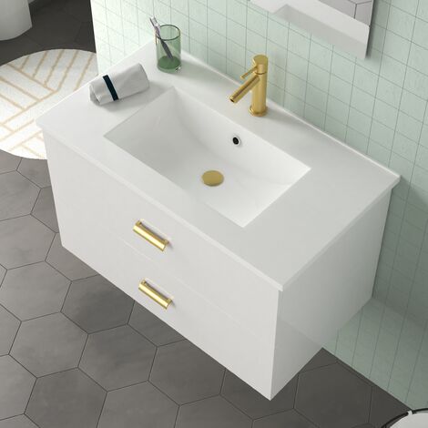 Mobile da bagno 80 cm Laccato Bianco e Oro Dorato 2 Cassetti - Lavabo Bianco e Specchio