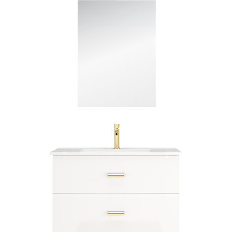 Mobile da bagno 80 cm Laccato Bianco e Oro Dorato 2 Cassetti - Lavabo Bianco e Specchio
