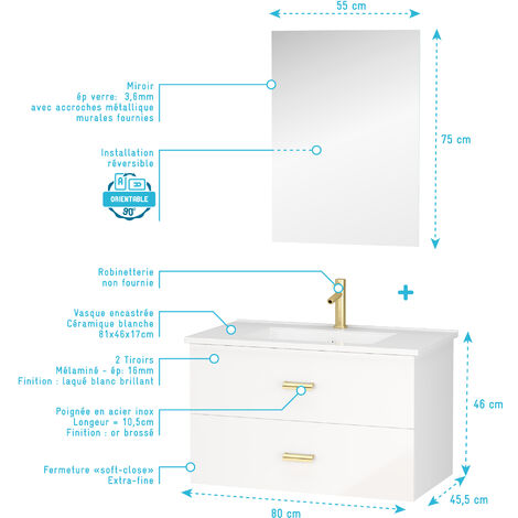 Mobile da bagno 80 cm Laccato Bianco e Oro Dorato 2 Cassetti - Lavabo Bianco e Specchio