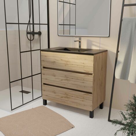 Mobile bagno da 80 cm 3 Casseti Rovere Naturale + Lavabo Ceramica Nera - TIMBER