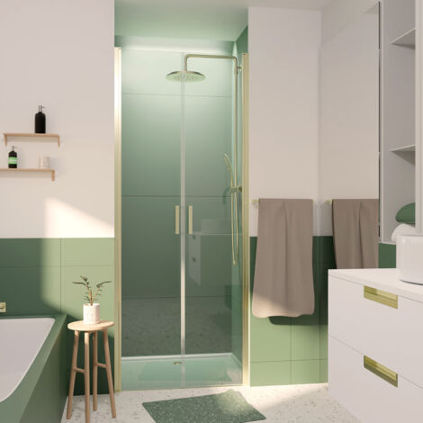 Porta doccia a doppio battente 80x200cm - Vetro temperato trasparente 6mm - Profilo oro spazzolato
