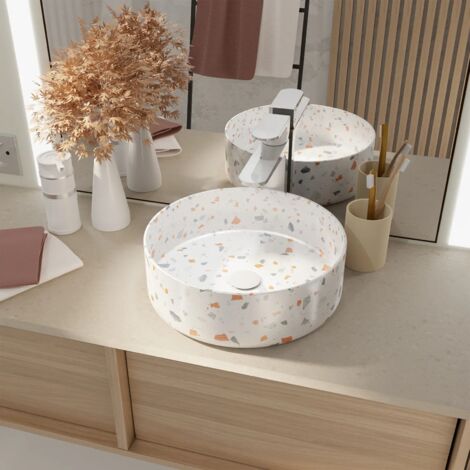 LAVABO ROTONDO IN CERAMICA BIANCA BRILLANTE EFFETTO TERRAZZO CONFETTI - Ø35CM X 12CM