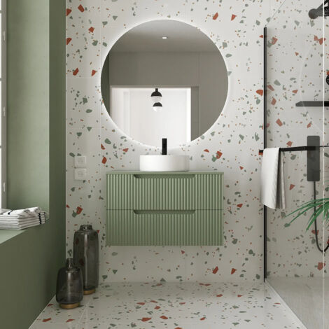 Mobile Bagno 80cm Verde Oliva - 2 Cassetti in MDF Ondulato - Lavabo Rotondo Ø36cm