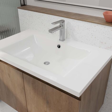 Mobile da bagno sospeso 75 cm Decorazione in legno chiaro - 2 porte - Lavabo bianco - ELEMENTARY