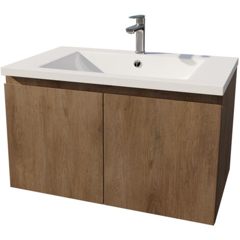 Mobile da bagno sospeso 75 cm Decorazione in legno chiaro - 2 porte - Lavabo bianco - ELEMENTARY