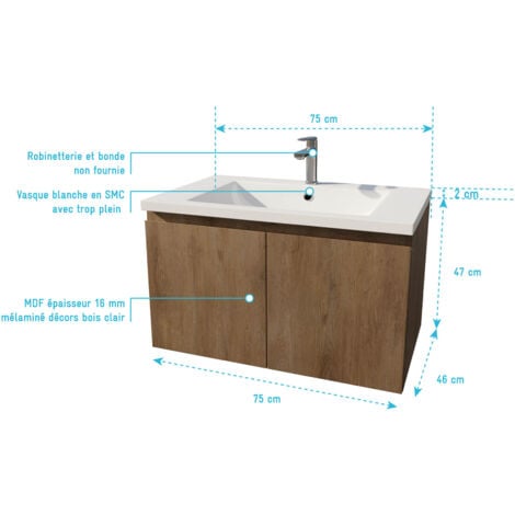 Mobile da bagno sospeso 75 cm Decorazione in legno chiaro - 2 porte - Lavabo bianco - ELEMENTARY