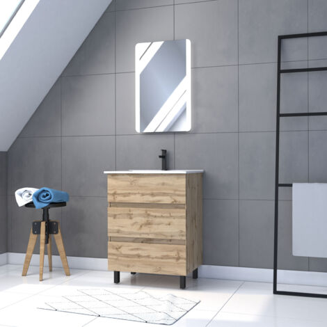 Set Mobile da Bagno 60 3 cassetti Rovere Naturale - Lavabo bianco + Specchio LED - TIMBER 60 (1/5)