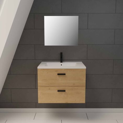 Mobile da bagno sospeso 60 cm con 2 cassetti finitura legno, lavabo e specchio - BOX-IN 60 WOOD